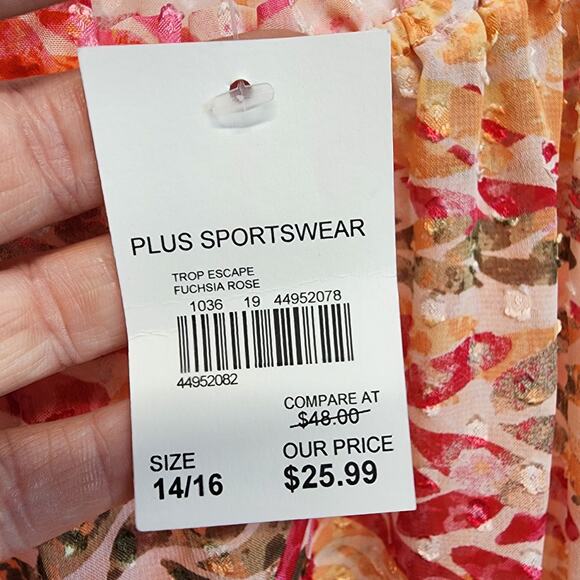 Cato Tropical Peplum Blouse Size 14/16 Pink Swiss Dot Flocked Ruffle Vacation - Picture 8 of 13